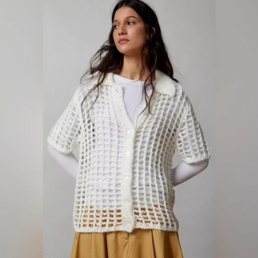 BDG Urban Outfitters Osaka Open-Knit Polo Sweater Top White Crochet Cardigan S